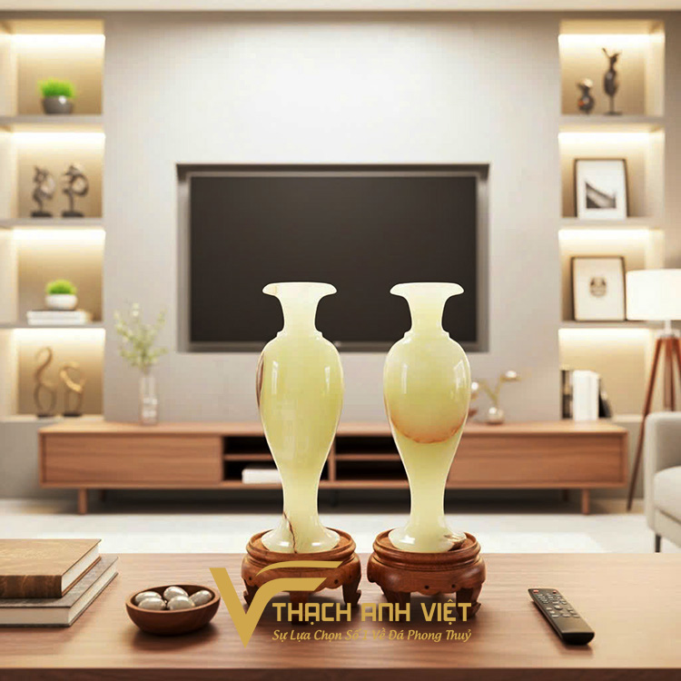 Cặp lục bình phong thuỷ chế tác từ đá Onyx tự nhiên nguyên khối