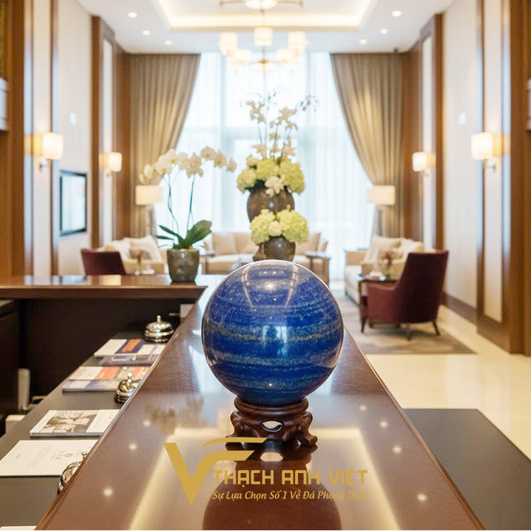 Quả cầu Lapis Lazuli mang sắc xanh lam sâu thẳm như biển cả, là biểu tưởng của trí tuệ, sự bình yên